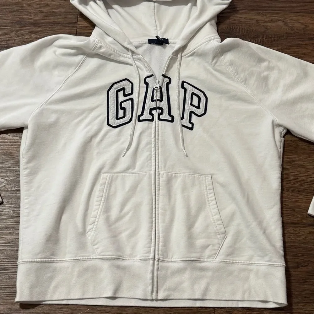 GAP Full Zip White Hoodie Iconic Arch Logo Navy Blue Embroidered Letters XXL